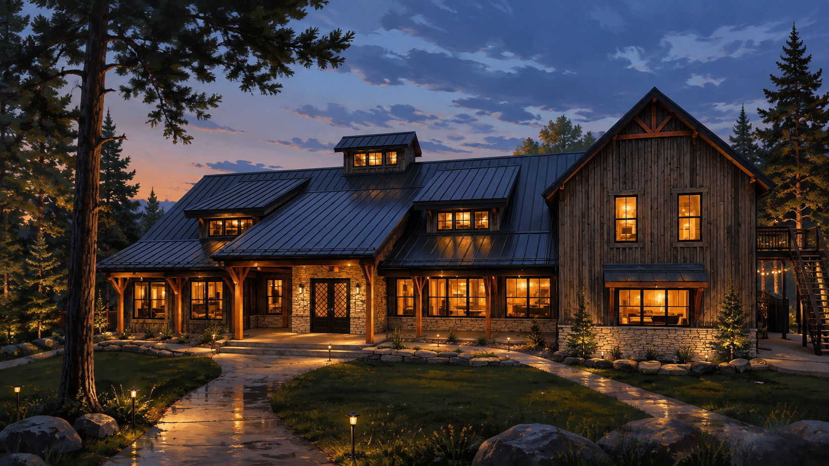 A warm lodge at dusk with glowing windows beneath a deep blue sky