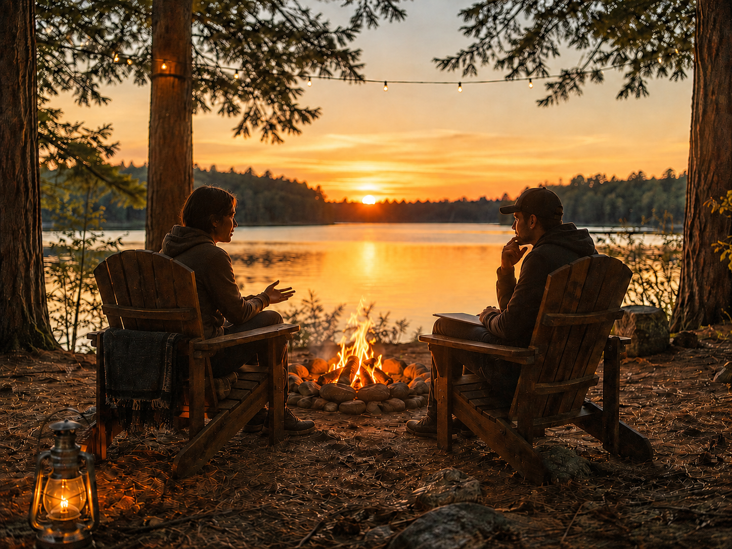 Two people in wooden chairs talking beside a campfire at sunset, a lake and forest in the distance