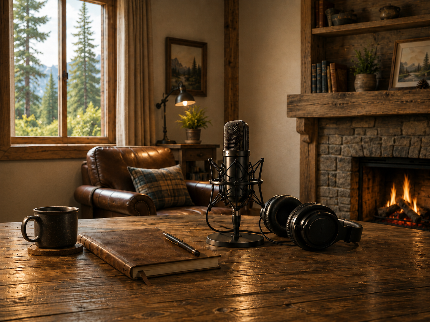 A warm lodge interior with a podcast microphone, leather chair, and stone fireplace